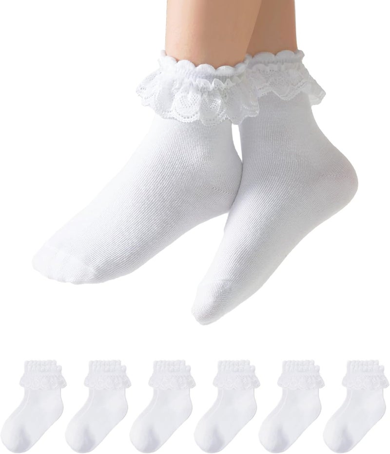Funjoon 4T-10Y Girls White Ruffle Socks Lace Frilly Dress Cotton School Uniform Crew Socks for Toddler Little Girls 6 Pack - Image 1